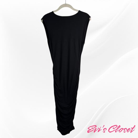 Bar 111 Women's Sz M Black Dress Rushed Long V Neck Faux Wrap Bodycon Lined - Picture 4 of 8